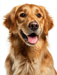 Fototapeta premium portrait photo of a golden retriever dog with shiny, fluffy golden fur,smiling joyfully with eyes squinting in pure happiness, mouth wide open in a big grin, tongue out.