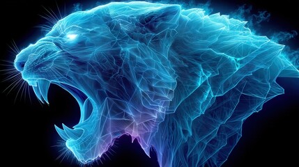 青とシアンの光のワイヤーフレームで描かれた咆哮する捕食獣の頭部の横顔 | Profile of a roaring predatory beast represented by glowing blue and cyan digital wireframe on a black background