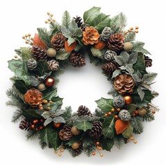 松ぼっくり、ヒイラギ、モミの枝、装飾ボールで飾られた、白い背景の豪華なクリスマスリースの上からの接写 | Overhead shot of a luxurious Christmas wreath decorated with pine cones, holly leaves, fir branches, and decorative balls on a white background