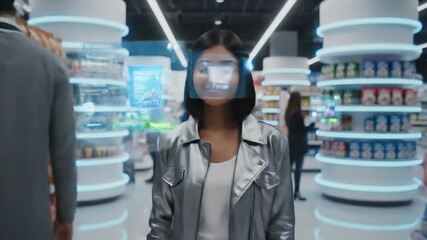 Woman using augmented reality to shop for groceries in a futuristic store. She interacts with a holographic screen to add items to her virtual cart. Immersive retail technology concept - Powered by Adobe