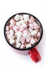 Hot chocolate drink with marshmallows in red mug isolated on white background