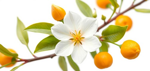 Obraz premium Delicate white orange blossom isolated on pure white background, stamens, botanical