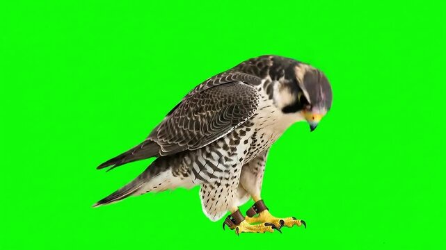Peregrine Falcon on a Perch: Raptor Bird Isolated on Chromakey Green Screen for VFX and Film