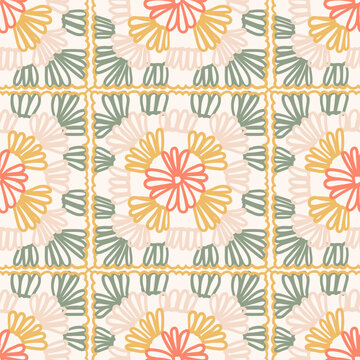 crochet granny square seamless pattern. Multicolor knitting retro background for textile, wrapping