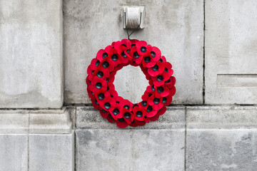 Remembrance Day Poppy Wreath Mounted on Wall. World War remembrance day.