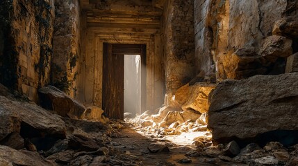 Ancient stone doorway bathed in dramatic sunlight, revealing a mysterious path into forgotten ruins.