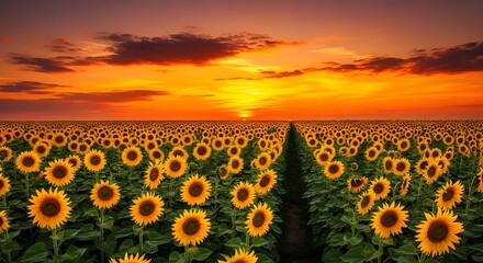 Sunflowers field in sunset with orange sky and clouds in the background