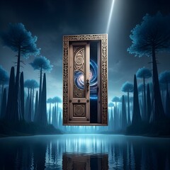 Mystical door floating above water leading to a galaxy in a surreal landscape