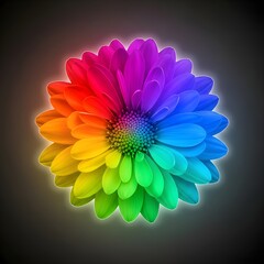 A vibrant rainbow flower with a glowing aura on a dark background