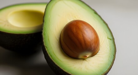 A close up of a halved avocado with seed on a white background