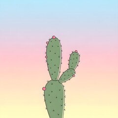 A cute cartoon cactus with pink flowers on a pastel background