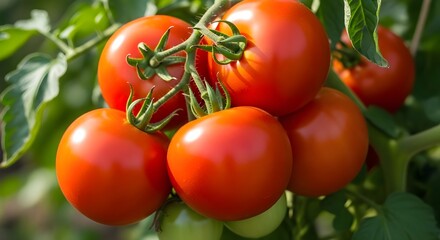 Ripe red tomatoes on the vine in a garden, ready for harvesting