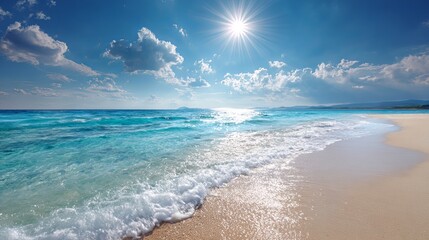 Stunning crystal clear turquoise ocean waves gently lap onto a pristine sandy beach under a bright sunny sky with fluffy clouds
