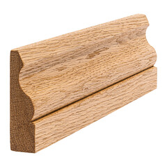 Close-up of decorative oak wood moulding profile isolated on white background. Natural timber trim for carpentry, interior design, furniture making, and home renovation projects