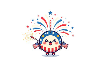 Cute kawaii american patriotic character celebrating independence day with fireworks isolated on transparent background