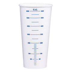 White plastic measuring cup marked in cubic centimeters up to 600cc. Precision laboratory or kitchen measuring container with blue scale for liquids, paint mixing, or scientific use