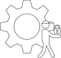 Line art gear person in cap holding padlock stylized walk
