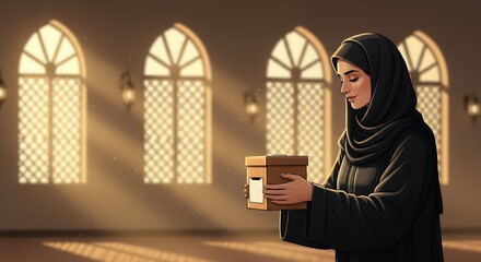 Young Muslim Woman Holding Donation Box Inside Sunlit Mosque.