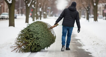 Caucasian male pulling christmas tree on snowy street in winter