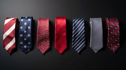 Top-down view of silk men’s neckties arranged naturally on black background, featuring American flag-inspired colors and patterns with glossy reflections under studio lighting.
