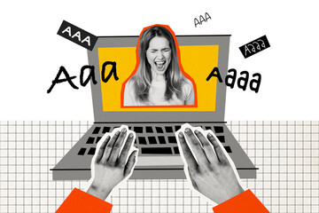 Naklejka premium Composite photo collage of hands type macbook device insult comment cyberbullying concept scream girl video isolated on painted background