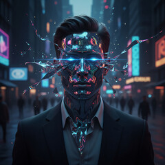 Surreal portrait of a man with a mirrored, flowing face resembling a digital mirage, blending reflective textures with abstract, futuristic aesthetics.
