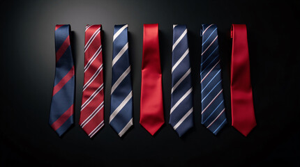 Overhead composition of silk men’s ties in red, white, and blue arranged chaotically on black background, highlighting glossy textures and American flag-inspired patterns.