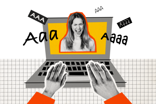 Composite photo collage of hands type macbook device insult comment cyberbullying concept scream girl video isolated on painted background