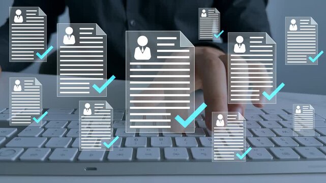 Digital documents with check marks verified staff records and online HR management.	Employee approval process management.