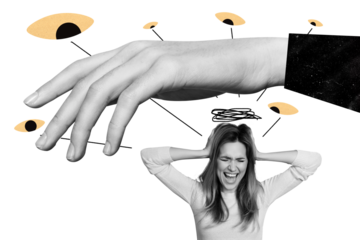 Creative collage picture young woman shout psychologic disorder freak concept eyes vision oversee peek espionage drawing background