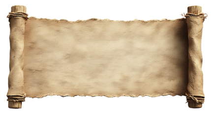 Ancient Aged Parchment Scroll with Wooden Rods and Twine Isolated on Transparent Background