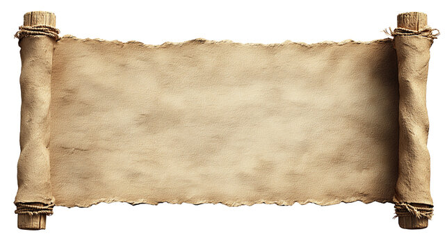 Ancient Aged Parchment Scroll with Wooden Rods and Twine Isolated on Transparent Background