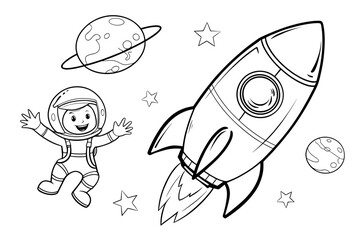 Cartoon astronaut jumping near rocket and planets in space coloring page for children