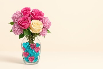 Fototapeta premium A clear glass vase filled with teal and pink heart shapes holds pink and cream roses with soft hydrangeas against a light beige background, creating a charming romantic display.