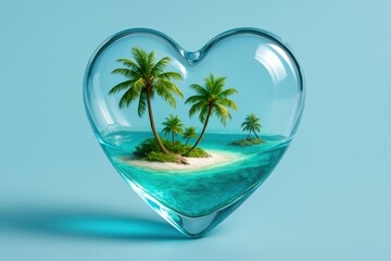A tiny tropical island with palm trees and turquoise water is enclosed in a transparent heart-shaped form against a light blue background, creating a dreamy vacation-inspired scene.