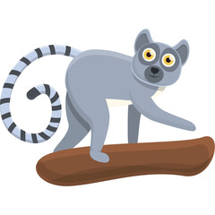 Cartoon Style Ring Tailed Lemur Standing on a Tree Branch With a Striped Tail and Yellow Eyes Against a Transparent Background