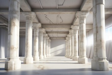 Obraz premium Sunlight illuminating a large hall with rows of white marble columns and draped white curtains