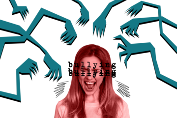 Composite photo collage of unhappy angry girl scream bullying threat hands insult hate stereotype society isolated on painted background