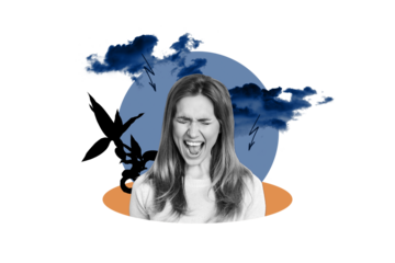 Composite photo collage of angry upset girl scream bad weather clouds depression concept mental problem isolated on painted background