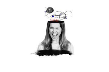 Composite photo collage of angry scream girl cut head psychology burnout problem offended depressed lady isolated on painted background