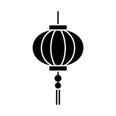 Solid Black Silhouette Icon of a Traditional Chinese Lantern with Detailed Hanging Elements on a Plain White Background