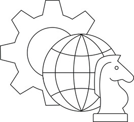 A graphic depicts a gear globe and chess knight all rendered in line art