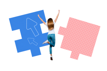 Creative design composite trend artwork collage of puzzle piece match young lady run back motivation target ambition progress purpose aim