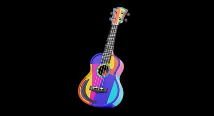 Fototapeta premium Colorful Ukulele on Black Background - A Vibrant Musical Instrument.