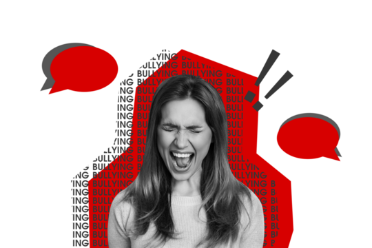Composite photo collage of scream panic frightened girl bullying hate text box comment society abuse isolated on painted background