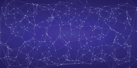 Bright white network structure with interconnected nodes and lines against a deep blue gradient background, symbolizing digital connections and data flow