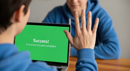 Teen males celebrating success with high five in a modern tech setting