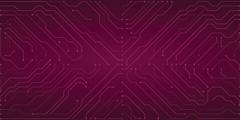Digital circuit board pattern with pink lines and nodes on a dark magenta gradient background, abstract technology concept
