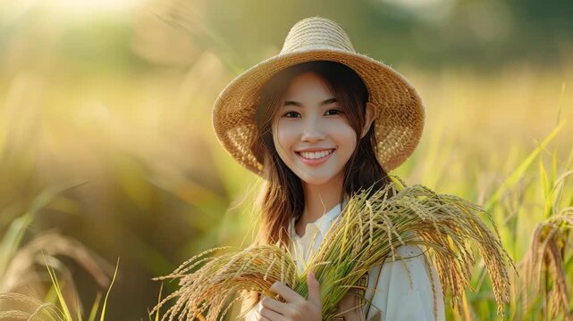 Asian woman farmer standing in a golden rice field at sunset, holding a bundle of freshly harvested rice, wears a straw hat and a white outfit