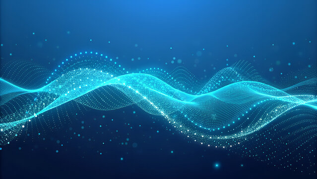 Abstract blue glowing wave of particles and dots forming a network structure on a dark background, representing technology and science